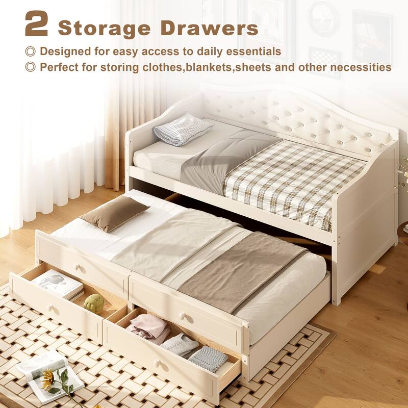 Twin Daybed with Trundle, Twin Size Daybed with 2 Storage Drawers, Wooden Sofa Bed with Upholstered Button Tufted Backrest
