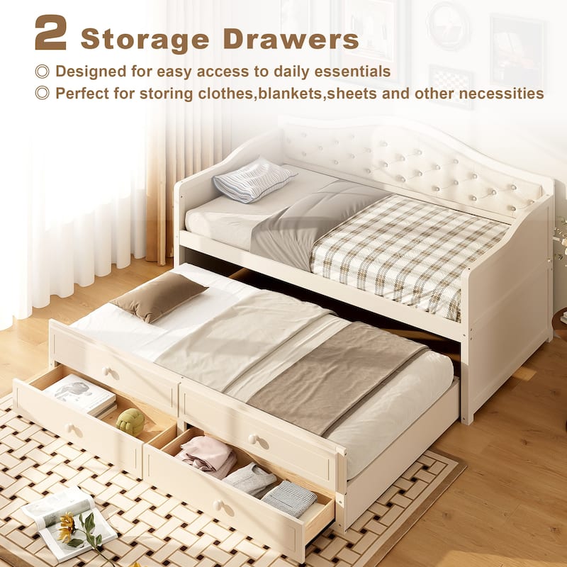 Wooden Frame Day Bed, Twin Size Daybed with Trundle Bed, Upholstered Tufted Button Backrest Sofa Bed with 2 Storage Drawers