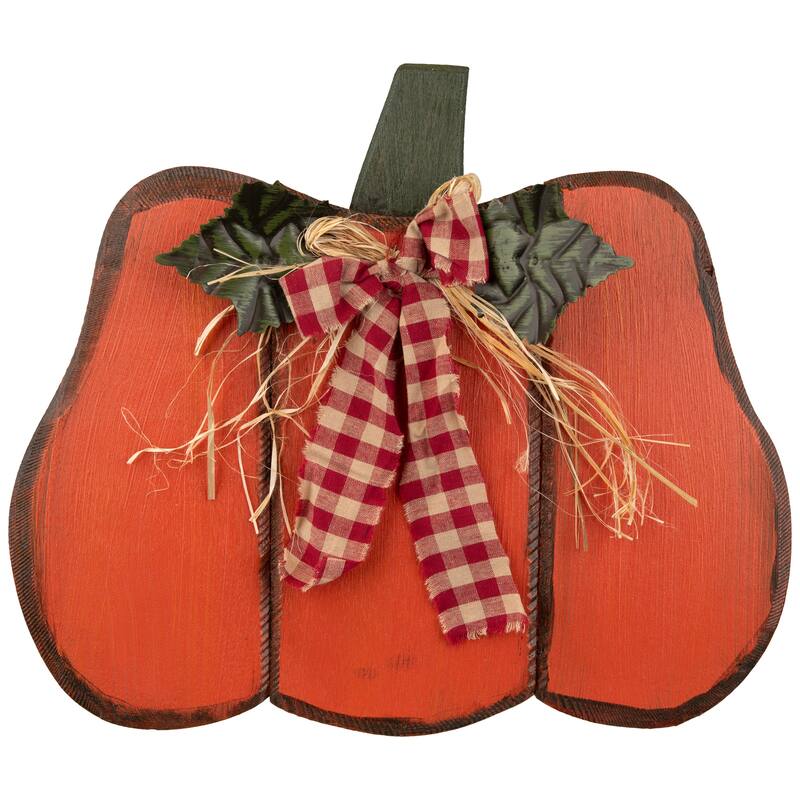 Wooden Pumpkin Fall Harvest Decoration with Bow and Leaves - 15.25"