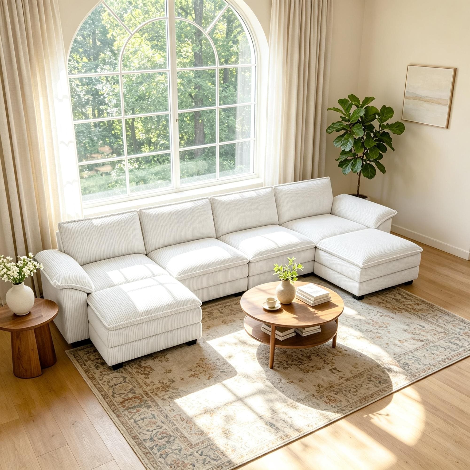 6-Piece Modular Corduroy Living Room Set With 2 Ottomans