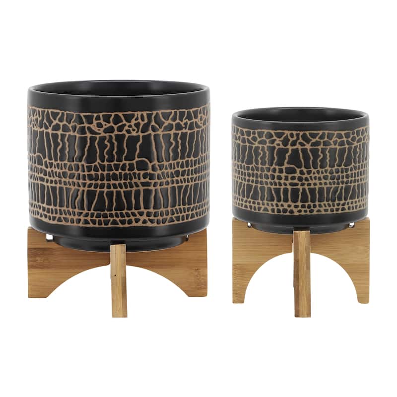 Sagebrook Home Modern Neutral Ceramic Planter Pot with Natural Wood Stand