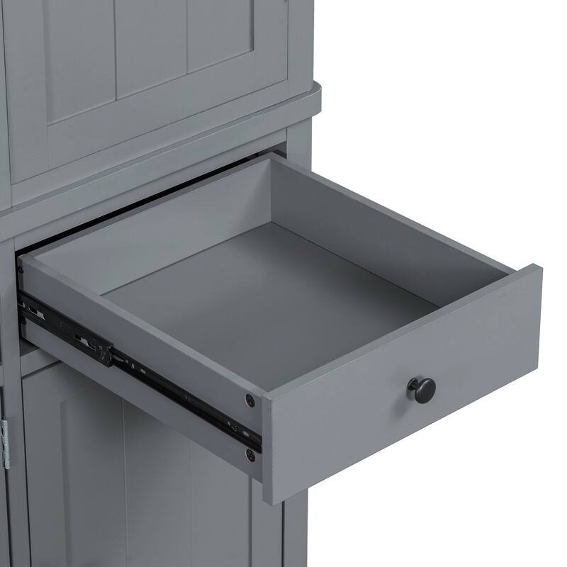 Farmhouse 74.8"Tall Freestanding Kitchen Pantry with Door Shelves,Adjustable Shelves, Pull-out Trays and Drawers