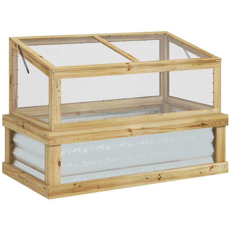 Outsunny Raised Garden Bed with Polycarbonate Greenhouse, Lean-to Garden Wooden Cold Frame Greenhouse