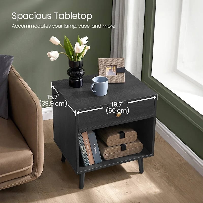 Solid Wood Nightstand with Drawer and Open Shelf