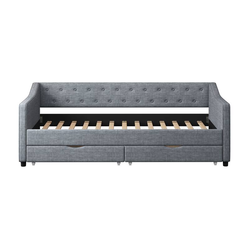 Upholstered Tufted Twin Size Daybed with Drawers, Button on Back - LIGHT GREY