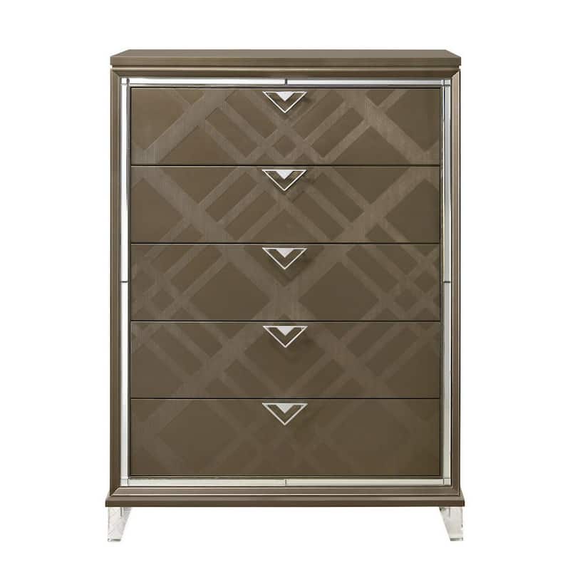 5 Drawer Wooden Chest with Acrylic Legs and Mirror Trim, Taupe Brown