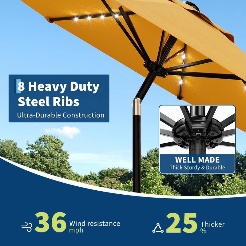 9 ft Patio Umbrella, 8 Sturdy Ribs, with Lights