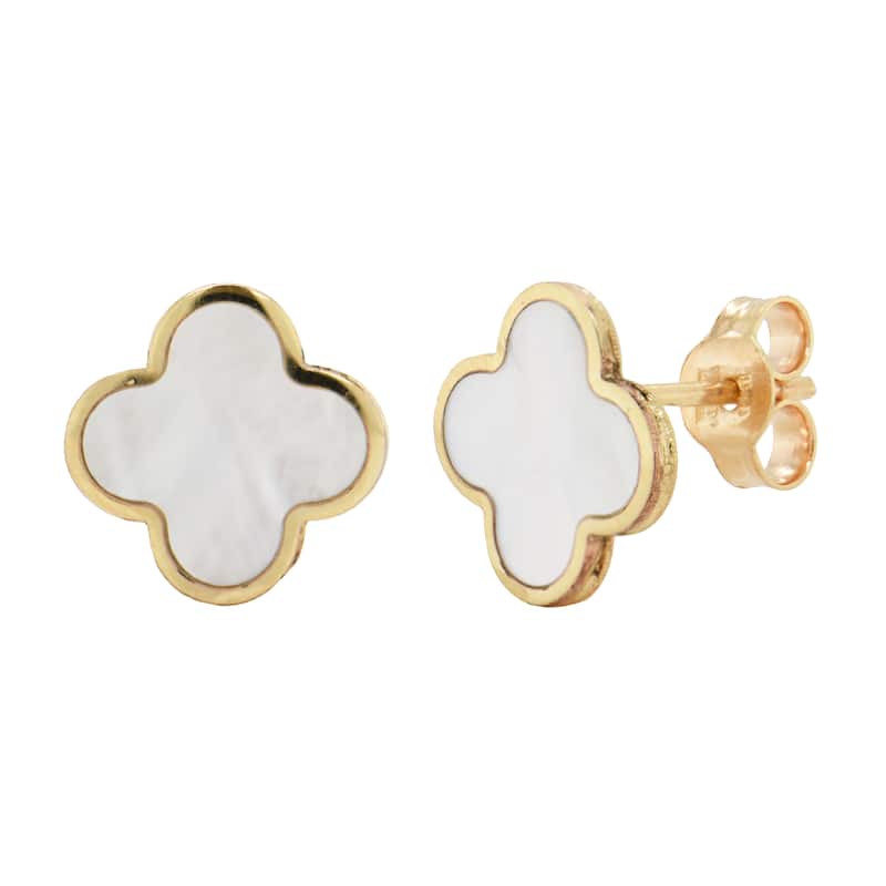 Italian Gold 14K Yellow Gold Medium Clover Stud Earrings - Made in Italy - Clover Size 10mm - Agate