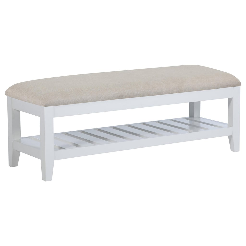 Heo Dining Bench, Slatted Shelf, Beige Padded Seat, 50 Inch White