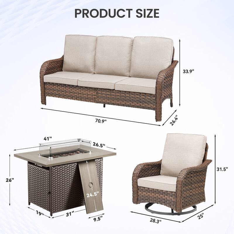 Pocassy Patio Funiture Sofa Swivel Chairs Ottoman with Fire Table Set