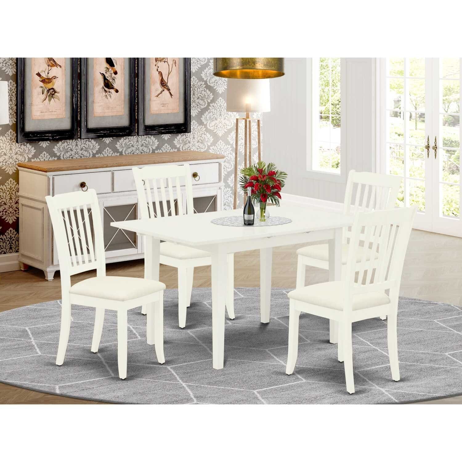 HomeStock 5-Pc Linen White Finish Solid Wood Top - Rectangular Upholstered Dining Room Set with Butterfly Leaf - Seats 4