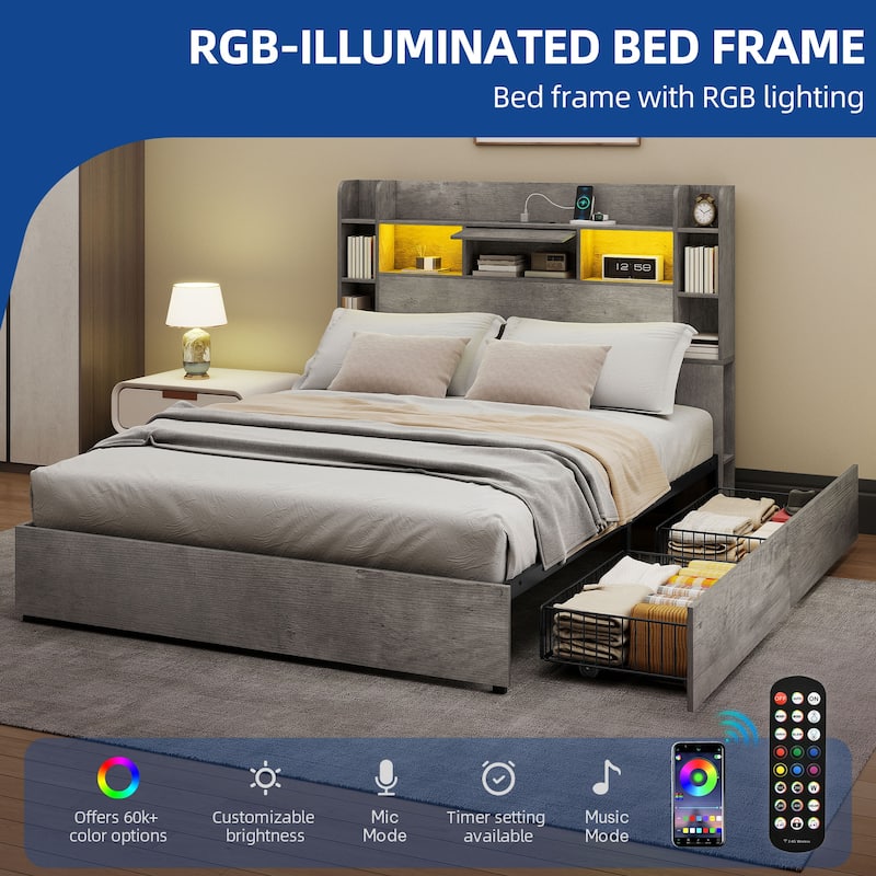 Moasis Queen/King Size Bed Frame with Bookcase Headboard and 4 Storage Drawers