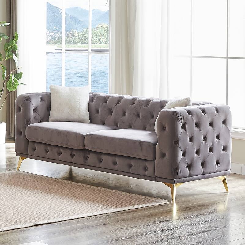 Velvet Upholstered 3 Seater Sofa, Chesterfield Tufted Button Sofa, Lounge Sofa Chair with 2 Pillows & Metal Legs