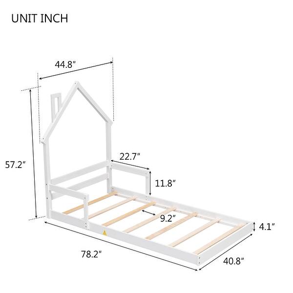 dimension image slide 0 of 4, Twin House-Shaped Headboard Floor Bed With Handrails, Slats