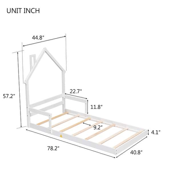 dimension image slide 0 of 3, Twin Size Pine Wood House-Shaped Headboard Floor Bed with Handrails and slats for Bedroom
