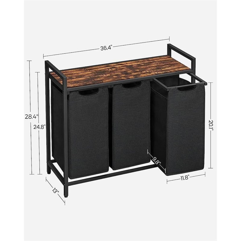 3 Compartment Laundry Sorter with Removable Waterproof Bags and Lockable Rolling Wheels - 36.4” x 13” x 28.4”