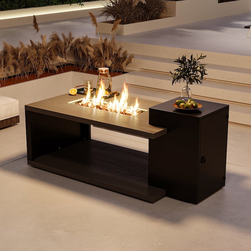 Outdoor Patio Coffee Table, Heavy-Duty Table with Gas Fire Pit & Rain Cover