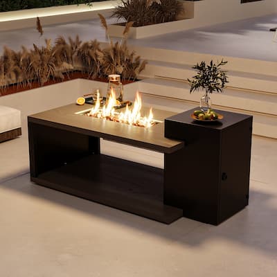 Outdoor Patio Coffee Table, Heavy-Duty Table with Gas Fire Pit & Rain Cover