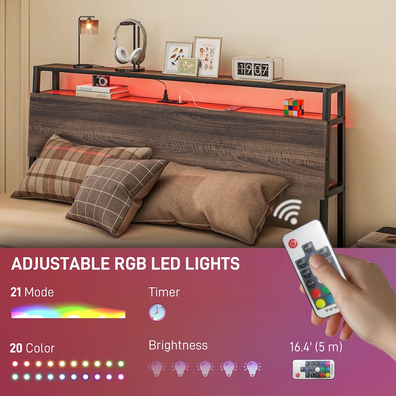 Queen Bed Frame with LED Lights, Charging Station, 3-Tier Storage Shelf, Steel Slats, No Box Spring Needed