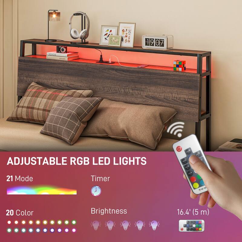 Queen Bed Frame with LED Lights, Charging Station, 3-Tier Storage Shelf, Steel Slats & Noise-Free Design, Easy Assembly