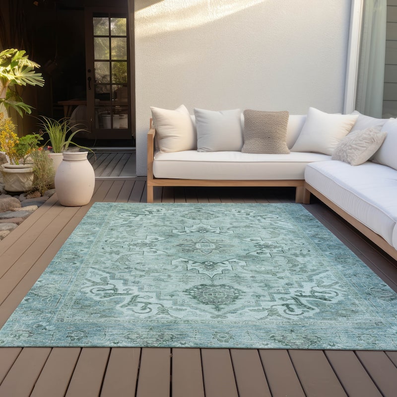 Machine Washable Indoor/Outdoor Traditional Vintage Chantille Rug - Teal - 8' x 10'