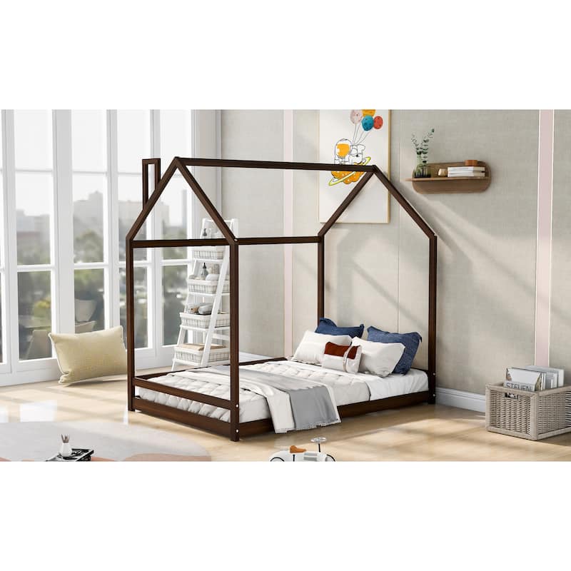 Twin/Full Size Wooden House Bed for Kids, Semi-Enclosed Playhouse Design with Roof, Perfect for Bedroom Fun and Sleep