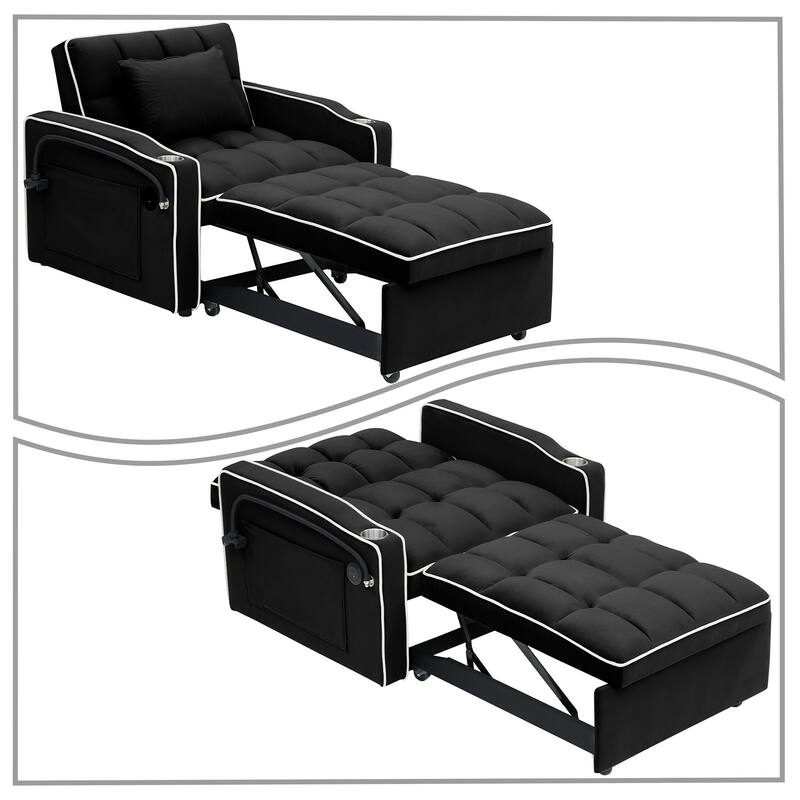 Multifunctional Velvet Upholstered Convertible Storage Futon Chair with Swivel Phone Stand