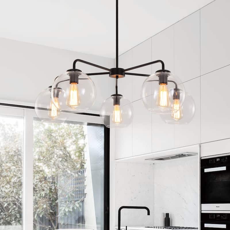 5-Light Modern Linear Sputnik Branch Kitchen Island Light Clear Glass Globe Bubble Chandelier for Dining Room - Black