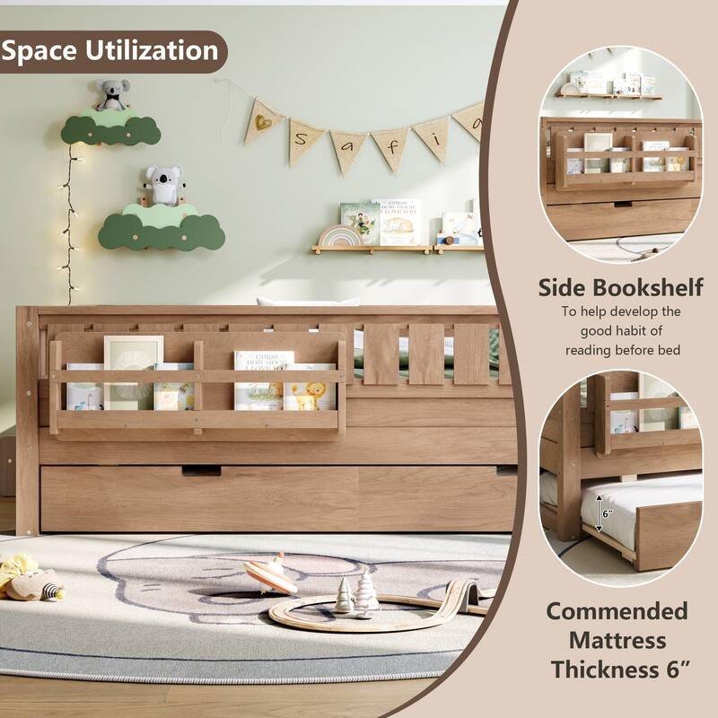 Full/Twin Size Wood Bed with Built-in Bookshelves and Storage Staircase, Safety Rails and Trundle Bed