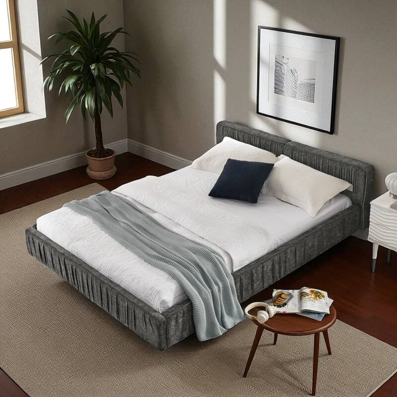 Queen Size Upholstered Platform Bed Frame with Chenille Pleated Headboard, Solid Wood Slats, No Box Spring Needed