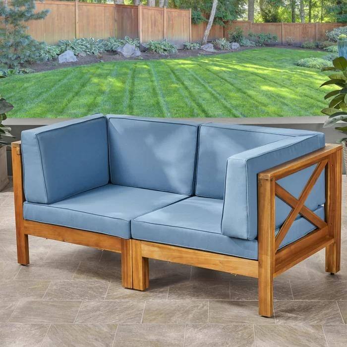 Roomfitters Outdoor X-Back Loveseat with Acacia Wood Frame and Weather-Resistant Cushions - Blue