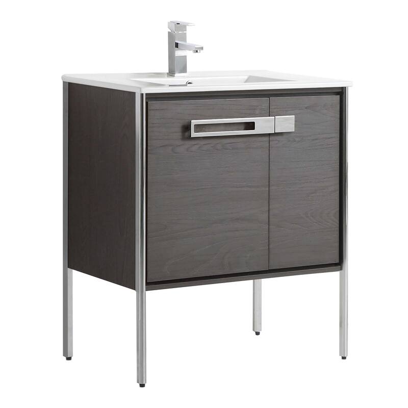Fine Fixtures Oakville Bathroom Vanity with White Ceramic Sink - 30 Inch - Black Coal Oak - Chrome Hardware