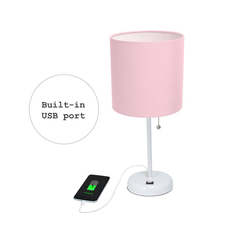 White Stick Lamp with USB charging port and Fabric Shade