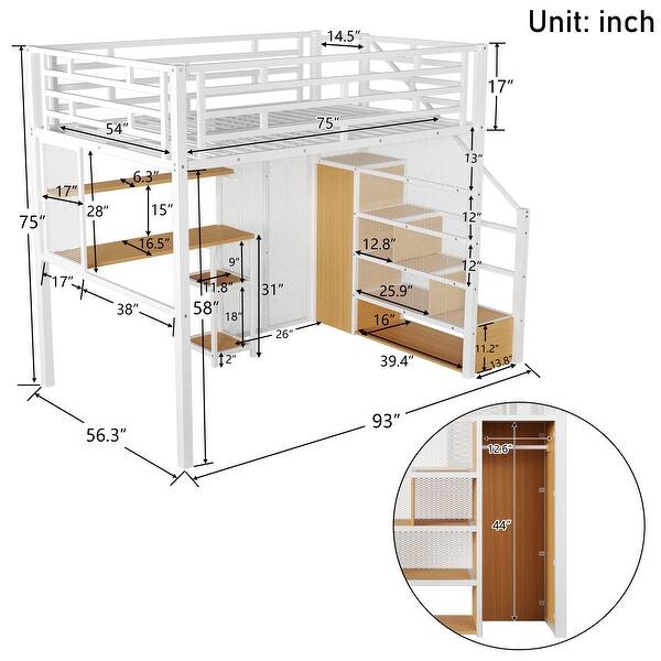 dimension image slide 1 of 2, White Full Metal Loft Bed with Wardrobe, Desk & Storage Shelves
