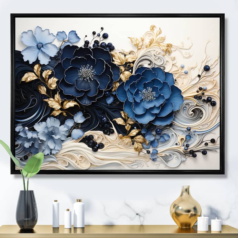 Designart "Liquid Ink Spiralscape I" Abstract Spirals Framed Canvas Wall Art - 32 in. wide x 24 in. high - Black