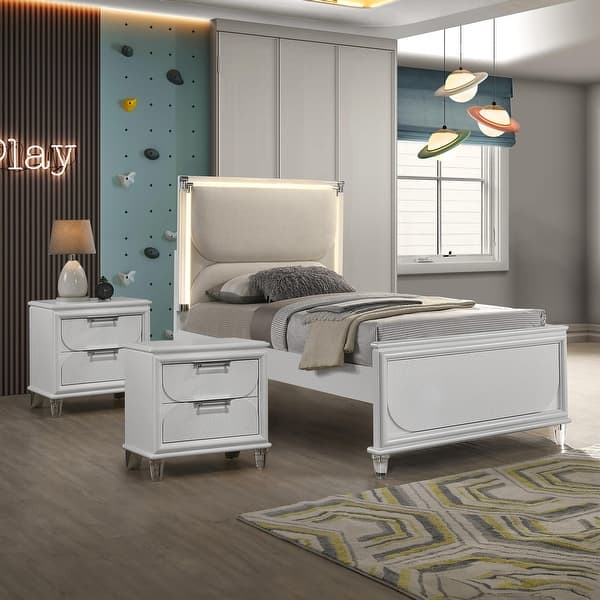slide 2 of 10, Furniture of America Drima Modern 3-Piece Pearl White Solid Wood Kids Platform Bedroom Set with LED Full