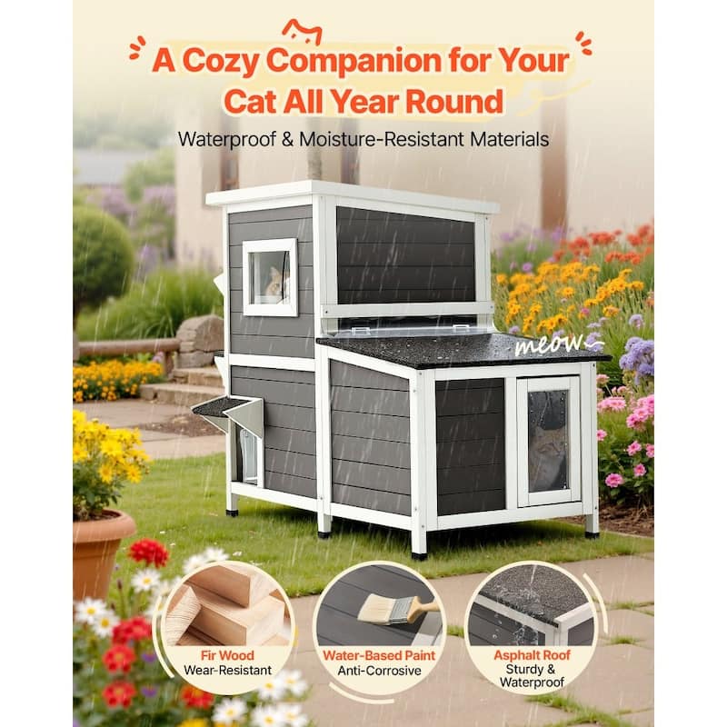 Outdoor Wooden Cat House for Multiple Cats with Waterproof Roof and Elevated Weatherproof Design