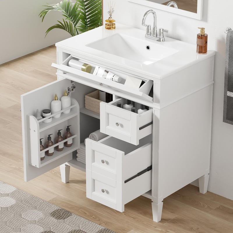 30'' Bathroom Vanity with Top Sink, Modern Bathroom Storage Cabinet with 2 Drawers and a Tip-out Drawer - White