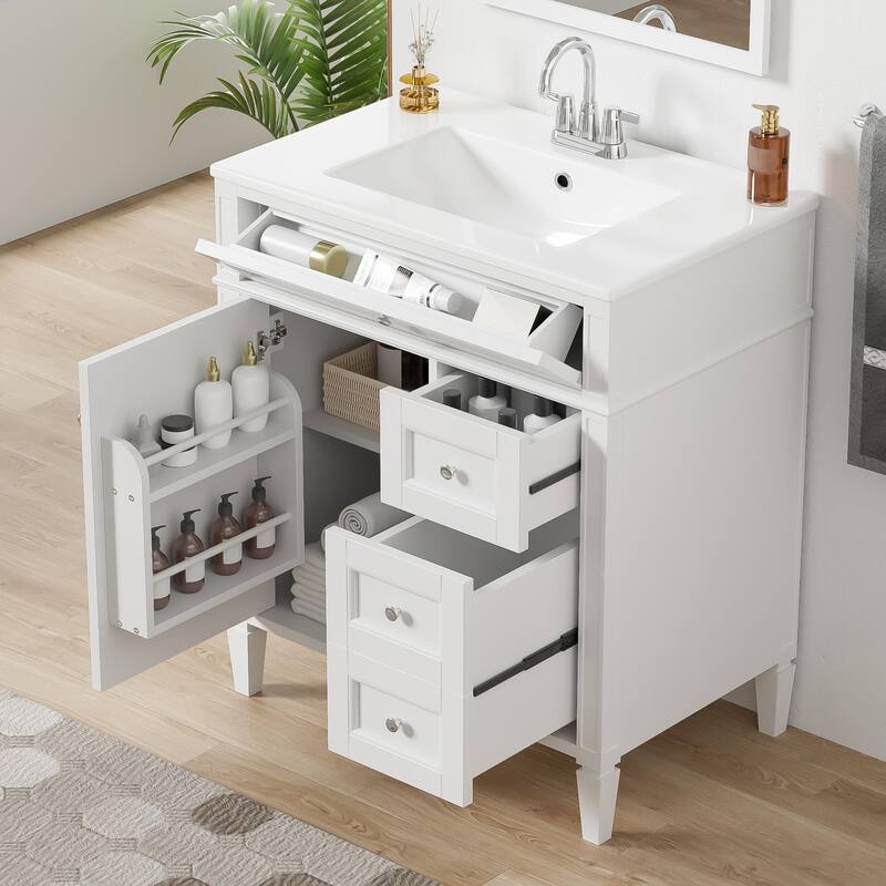 Roomfitters 30" Vanity with Sink, Modern Bathroom Cabinet with 2 Drawers and Tip-out Storage, Freestanding Design - White