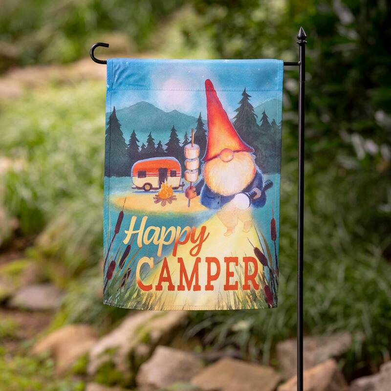Gnome Happy Camper Suede Garden Flag
