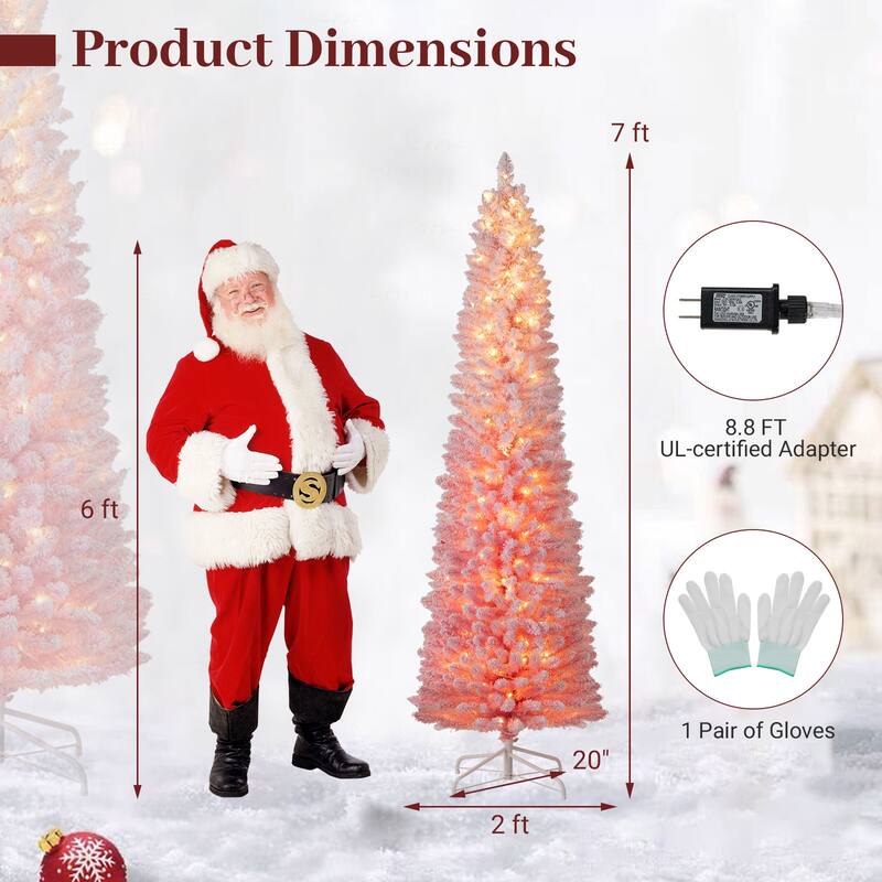 Gymax Pre-Lit Christmas Tree Slim Pencil Xmas Tree w/ Snow Flocked PVC