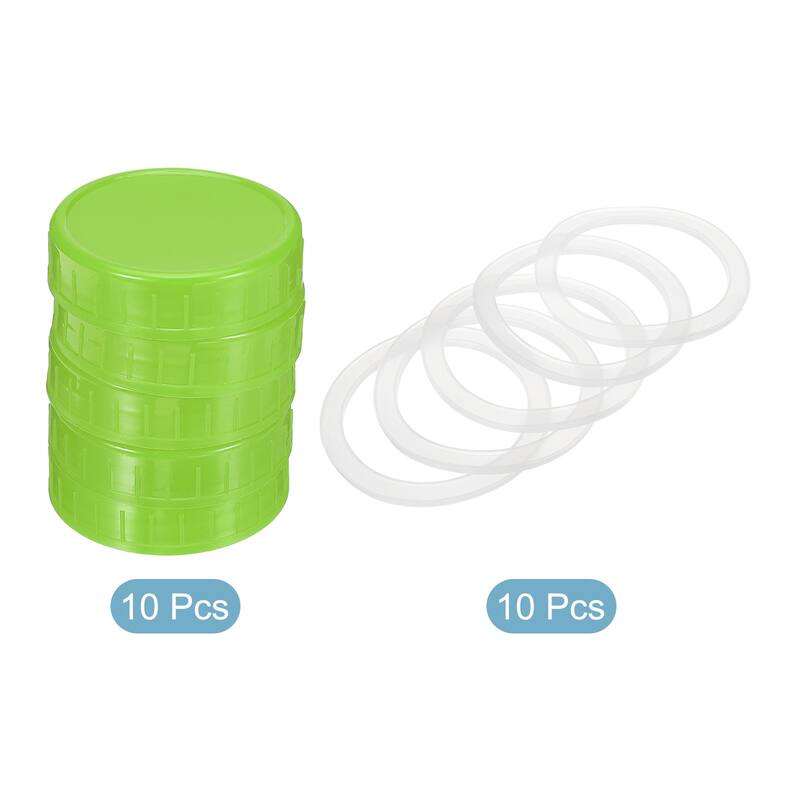 70mm Mouth Plastic Mason Jar Lids, 10Pcs Canning Caps w Sealing Ring - Green