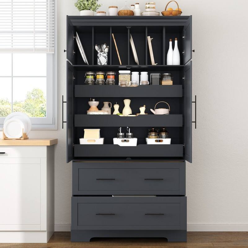 Farmhouse 72.6" Tall Kitchen Pantry with 4 Doors Storage Cabinet , 2 Drawers and Pull-out Trays for Cake Pan Storage Organizer