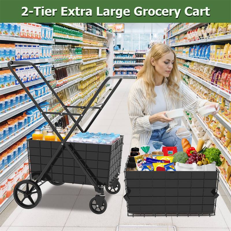 Foldable 2 Layers Grocery Shopping Cart w/ Double Basket and 360 Rolling Swivel Wheels