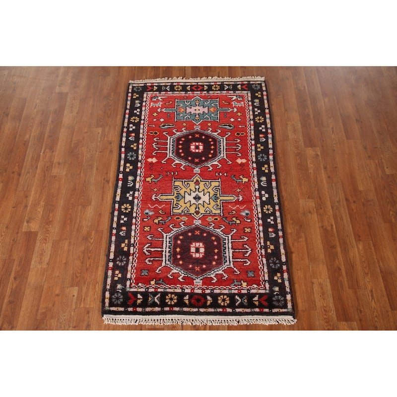 Geometric Kazak Indian Area Rug Hand-knotted Wool Carpet - 2'11"x 5'0"