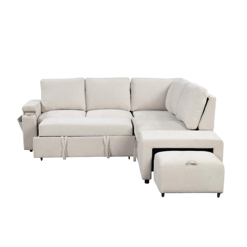 Convertible Sleeper Sectional Sofa with Pull-Out Bed & Storage, L-Shape Modular Sofa with Ottoman, USB Ports & Cup Holders