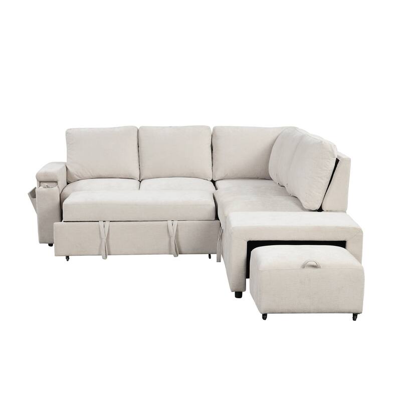 L-shaped Padded Modular Sofa with Storage, USB, Cup Holders, Beige Polyester for Living, Office, Apartment