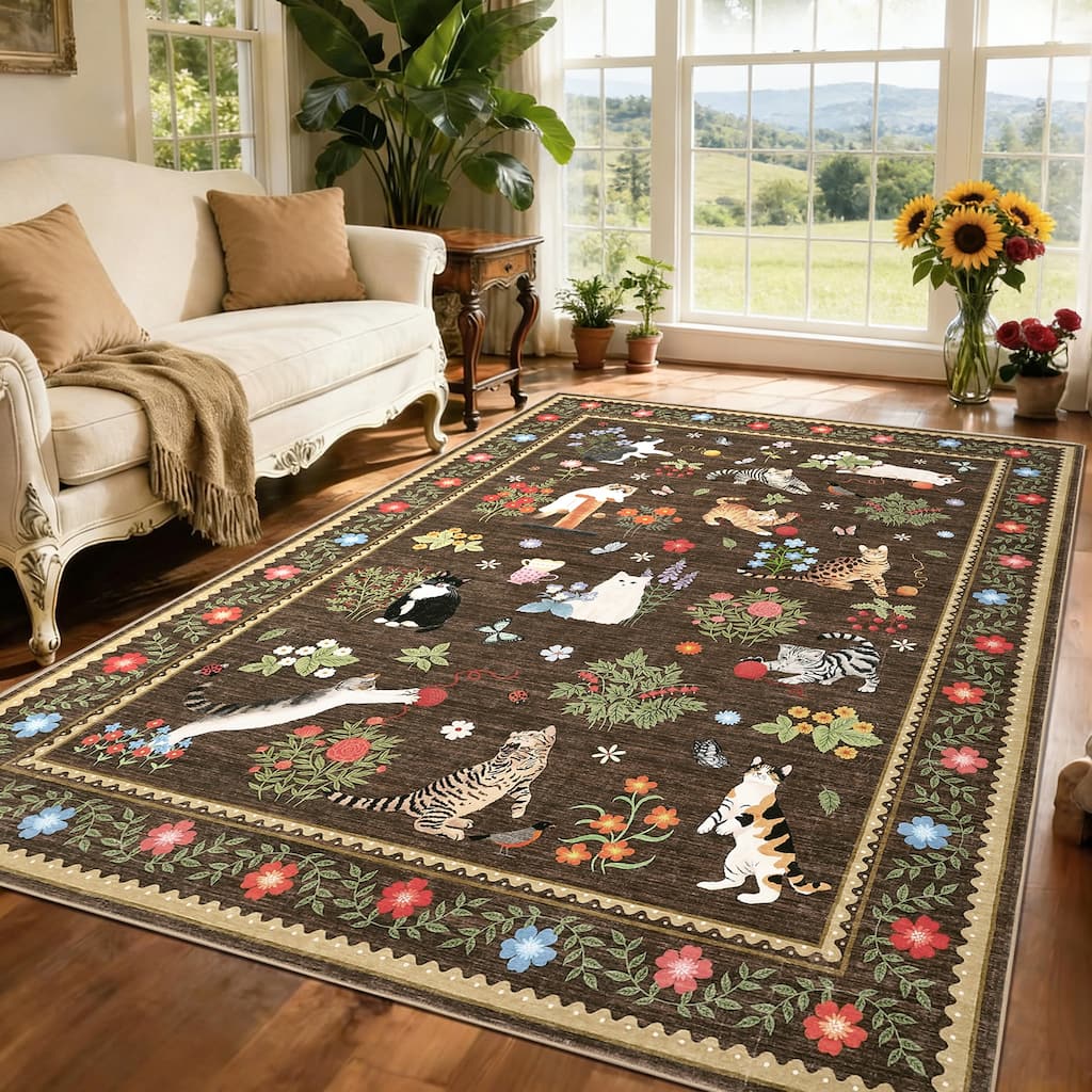 Garvee Pastoral Cat Pattern Washable Area Rug