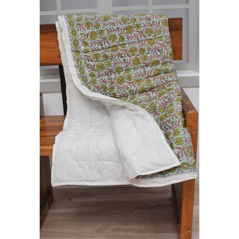 Fabdivine Hand Block Print Eco-Friendly Cotton Quilt Jaipuri Jaal Green Brown, Decorative Cotton Bedspread for Home & Bedroom