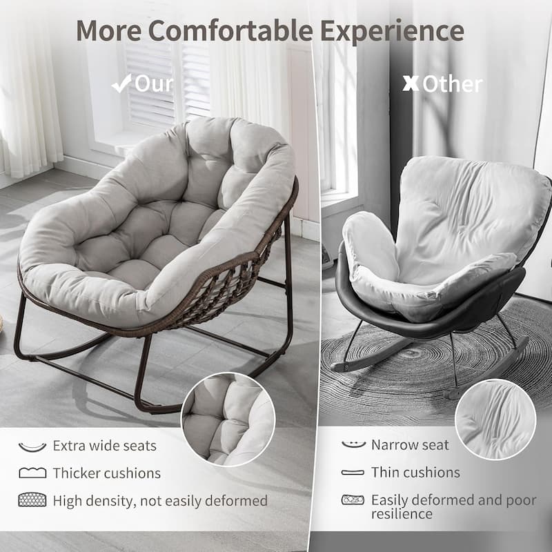 Outdoor Patio Rocking Chairs, Oversized Papasan Rocking Chair Indoor with Padded Cushion
